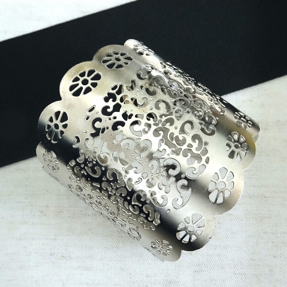 Large Silver Filigree Design Cuff Bracelet, Sterling Silver, Laser Cut